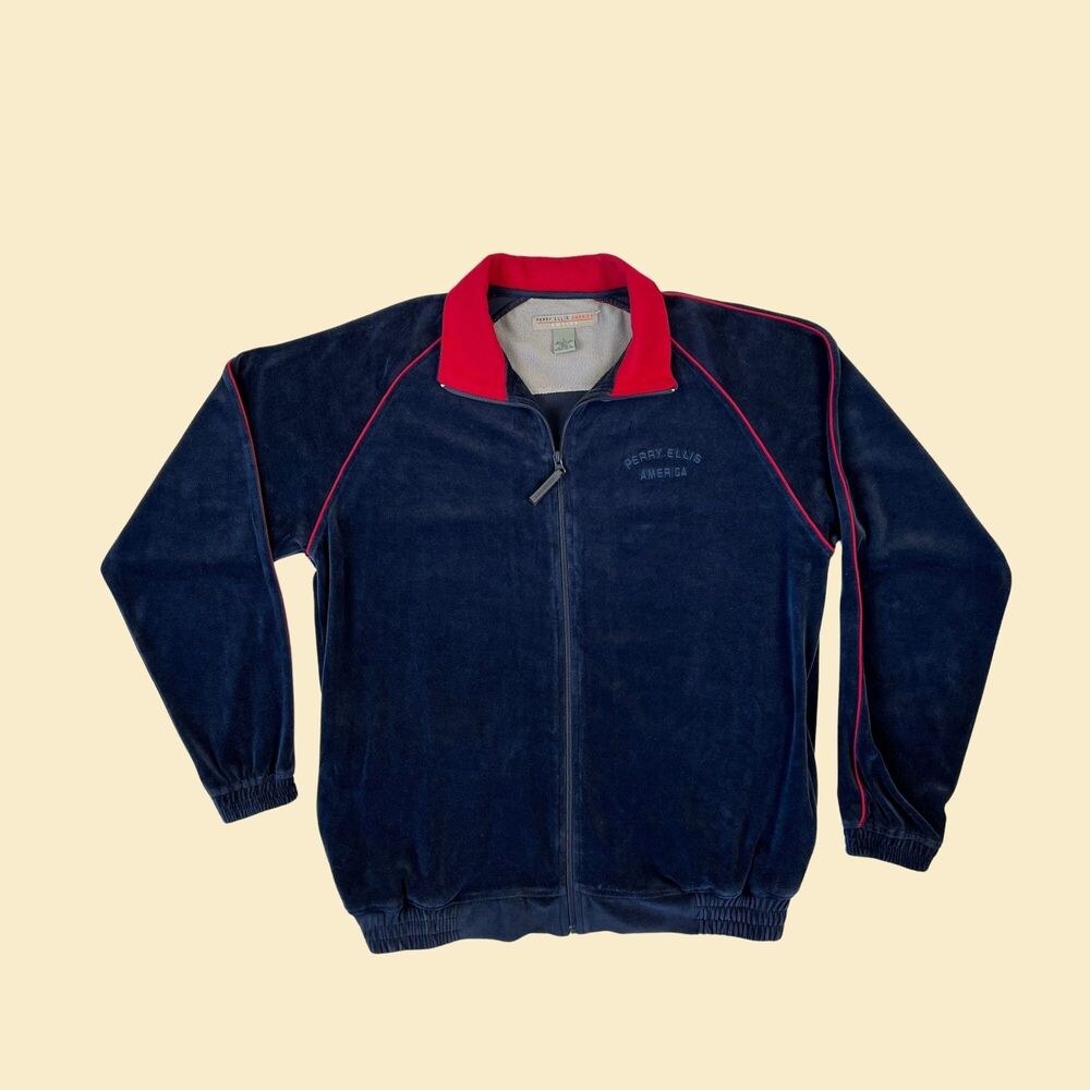1990s Perry Ellis America jacket, size L vintage 90s blue velour trainer jacket